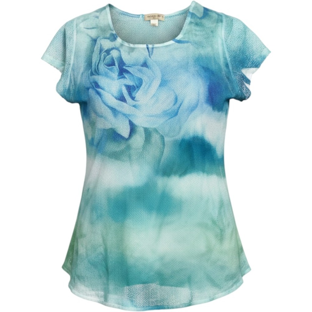 One World Live and Let Live Blue Teal Floral Rose Mesh Knit Top Womens Medium - Picture 1 of 5